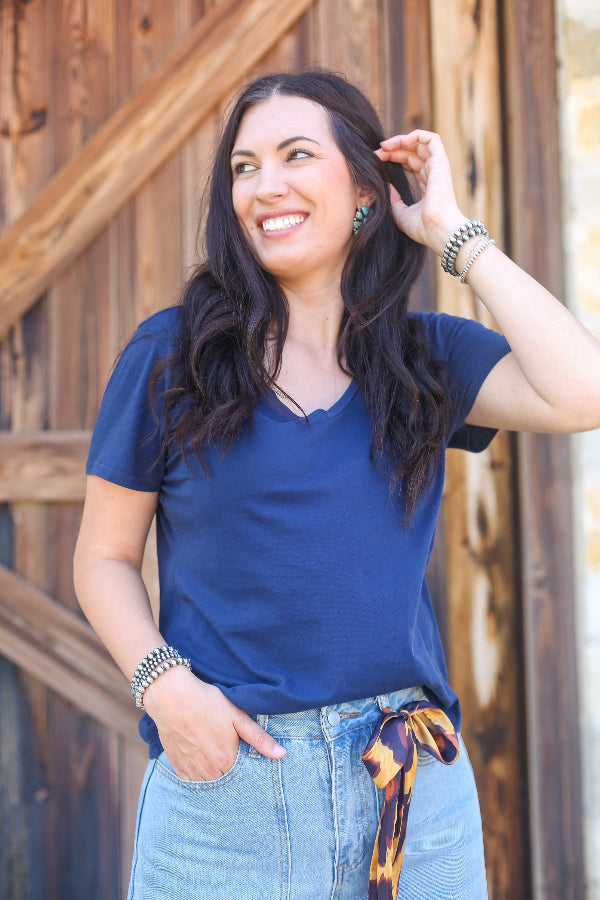 Madelyn Navy V- Neck Tee