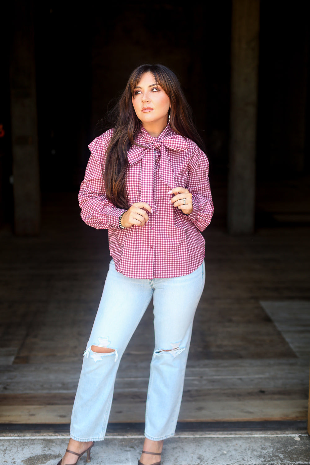 Maroon Gingham Tie- Neck Top