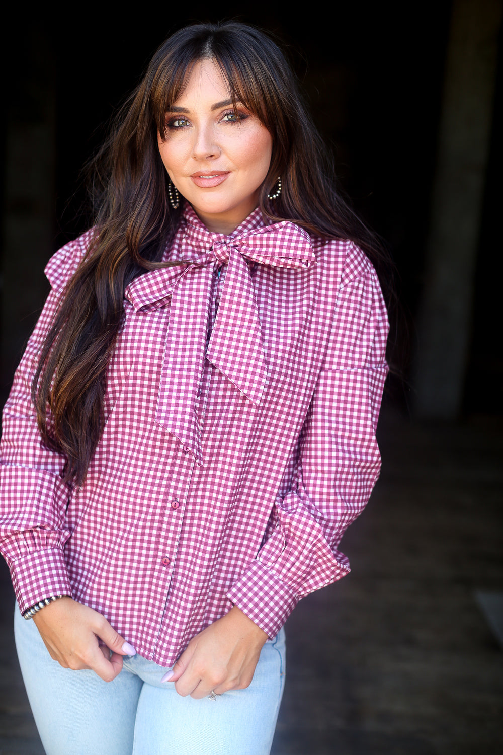 Maroon Gingham Tie- Neck Top