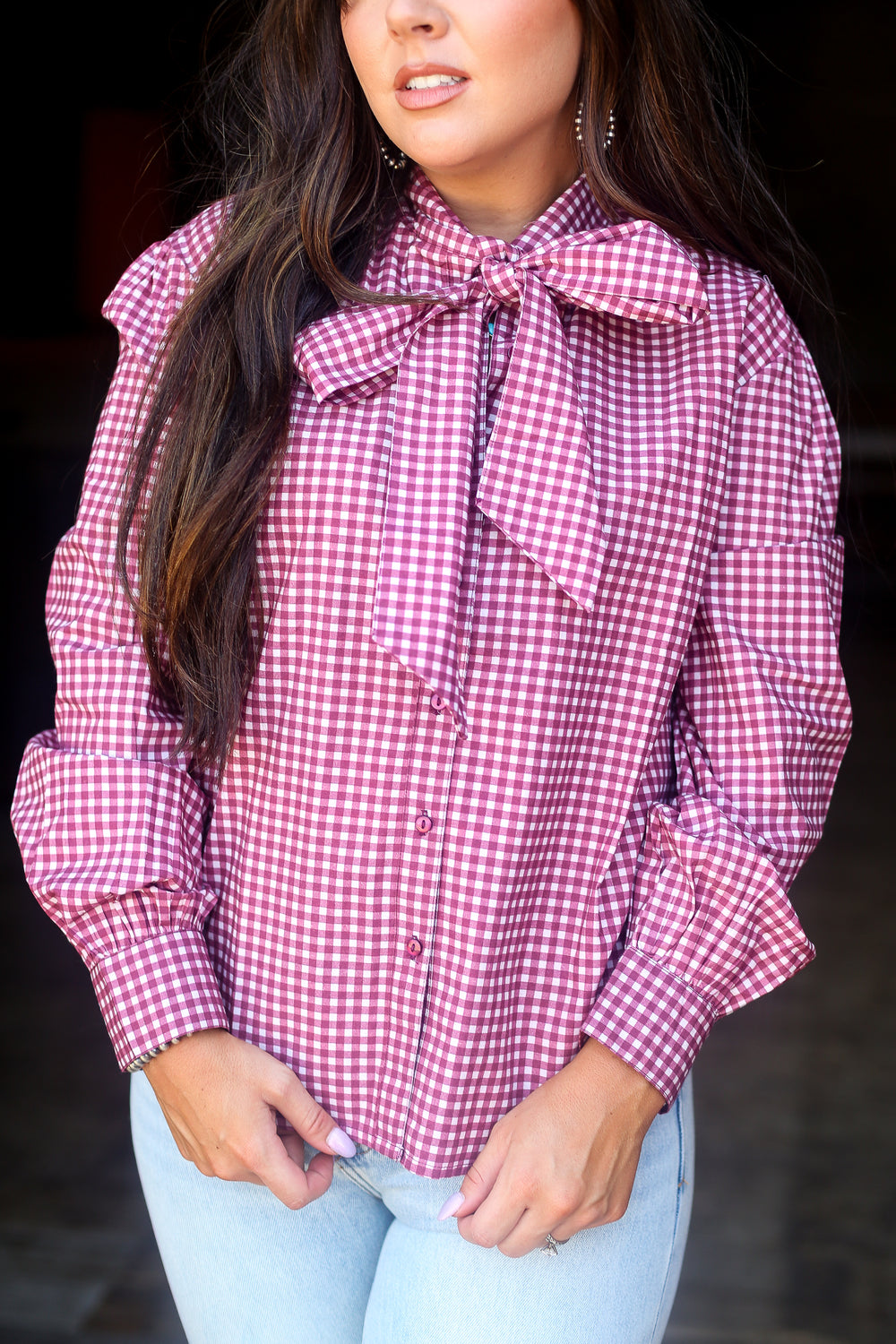Maroon Gingham Tie- Neck Top