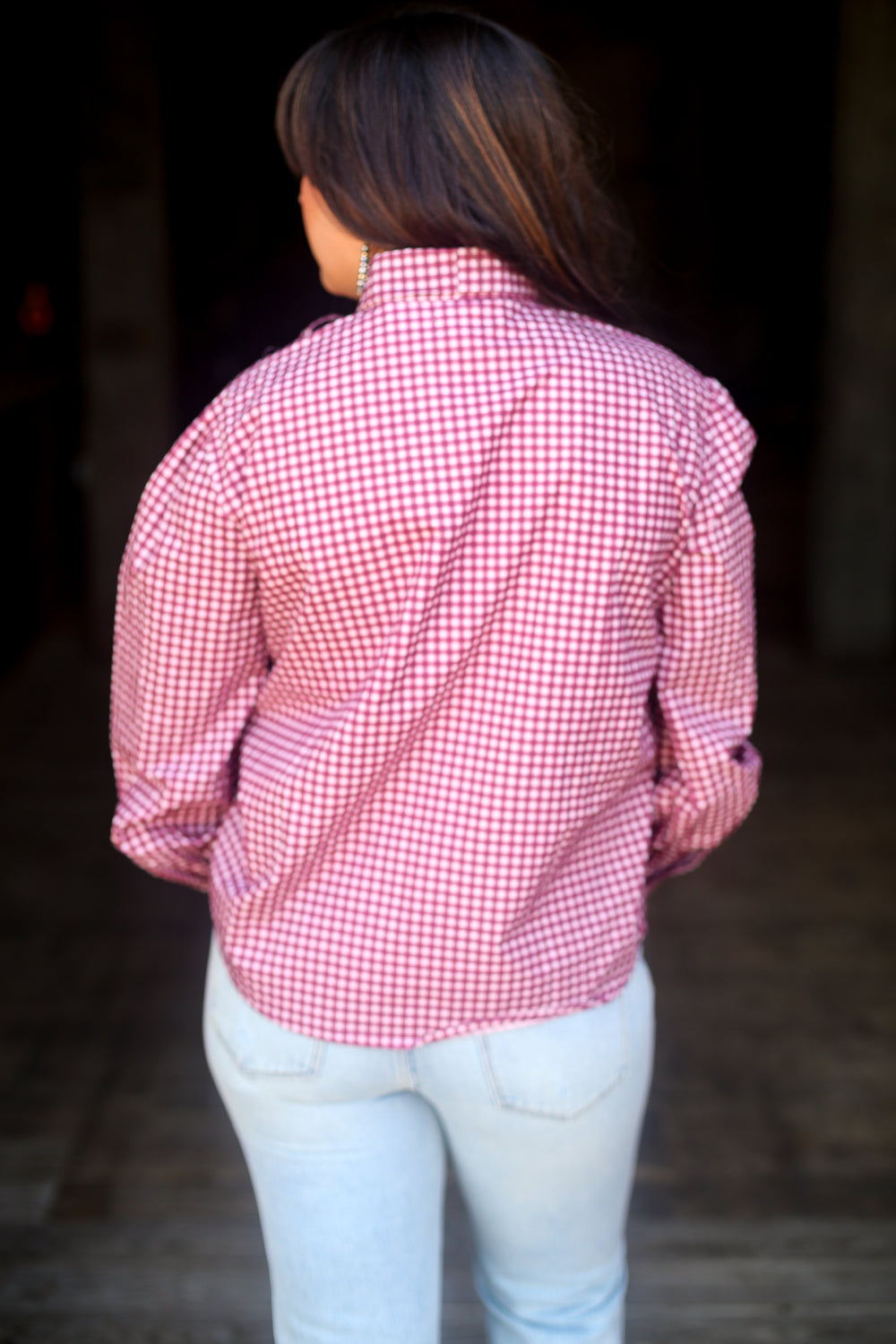 Maroon Gingham Tie- Neck Top