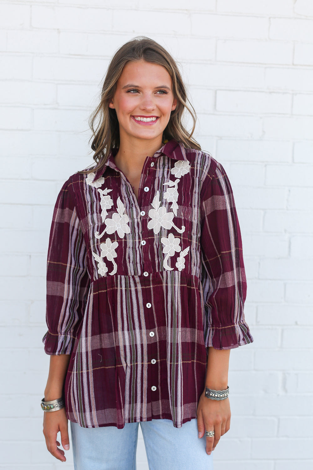 Maroon Plaid with White Floral Embroidery Fay Top