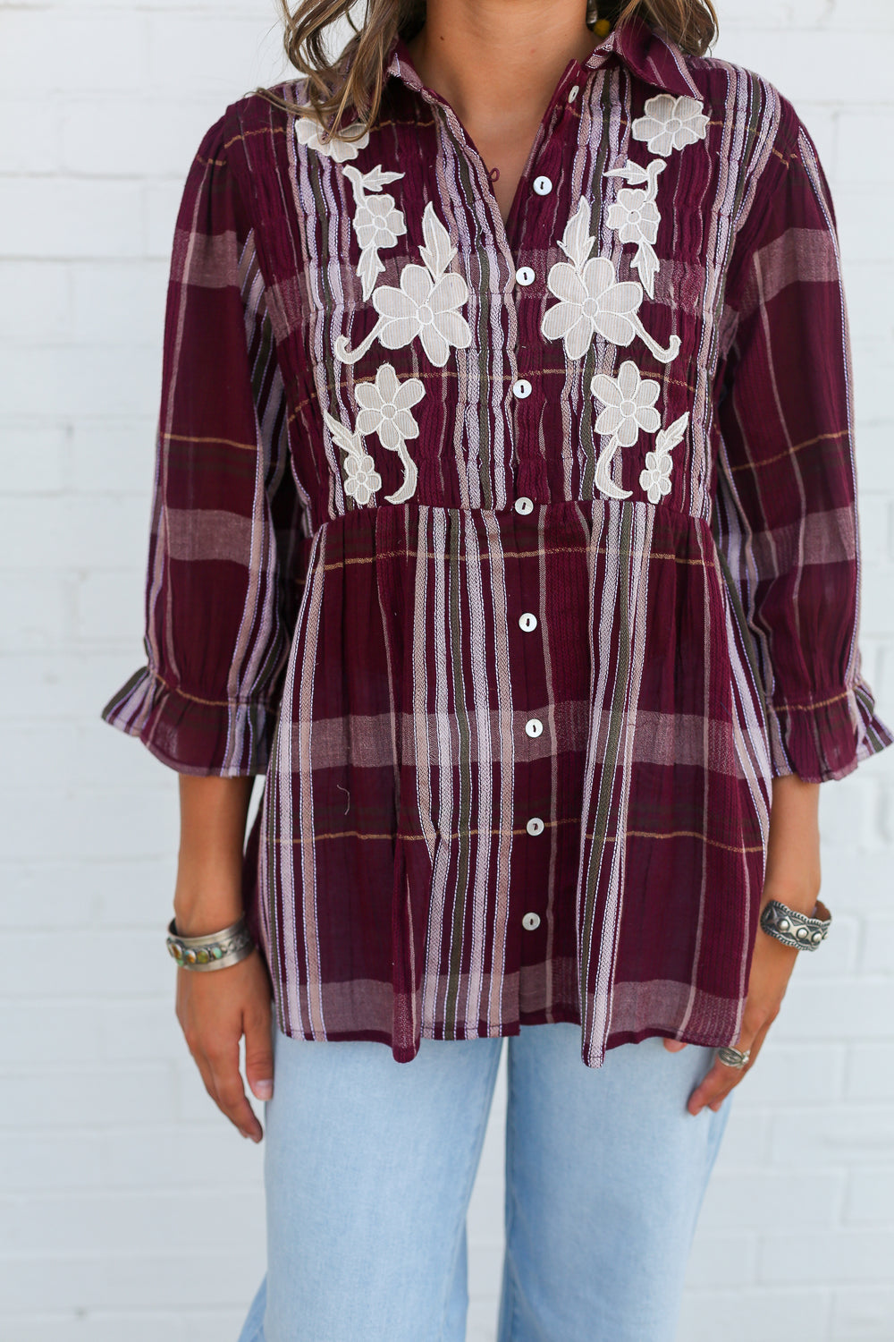Maroon Plaid with White Floral Embroidery Fay Top