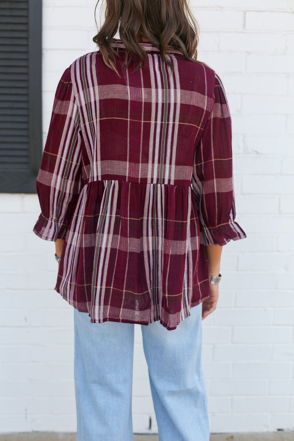 Maroon Plaid with White Floral Embroidery Fay Top