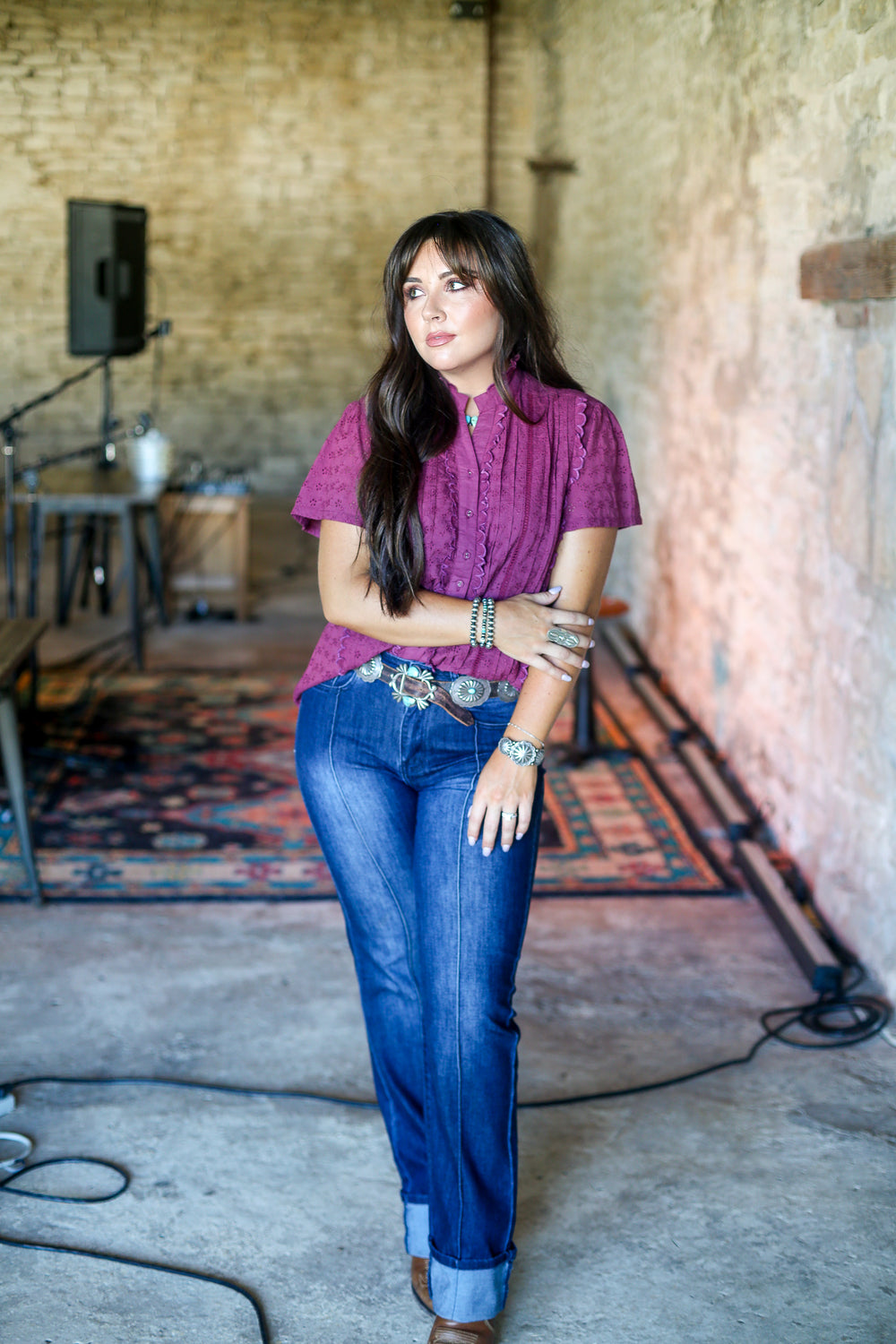 Maroon Ruffle Pintuck Blouse