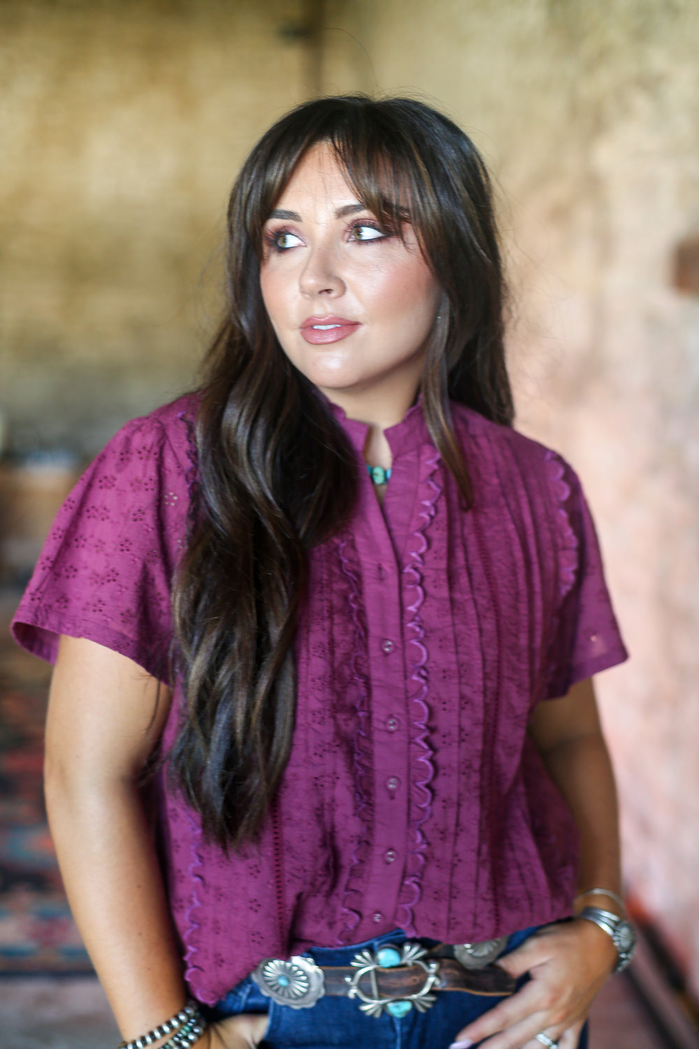 Maroon Ruffle Pintuck Blouse