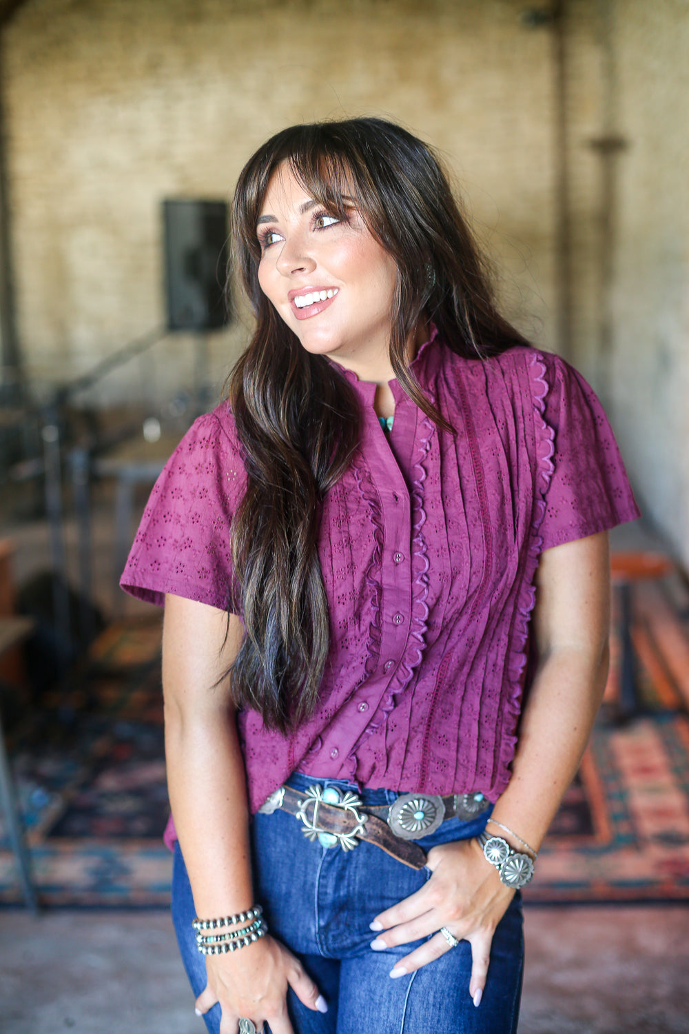 Maroon Ruffle Pintuck Blouse