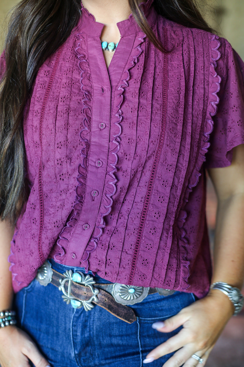 Maroon Ruffle Pintuck Blouse