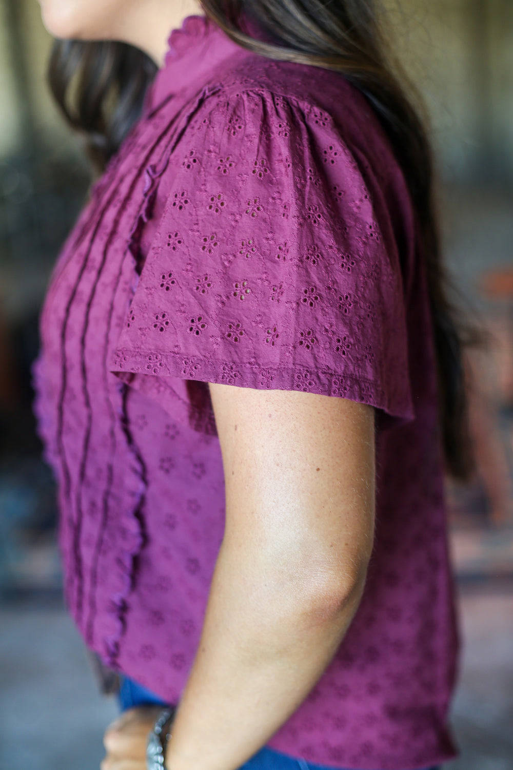 Maroon Ruffle Pintuck Blouse