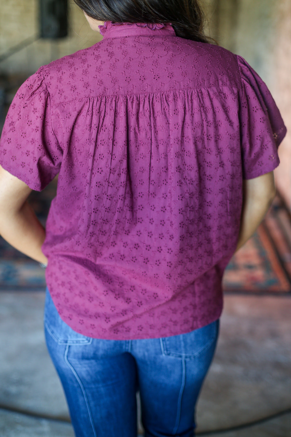 Maroon Ruffle Pintuck Blouse