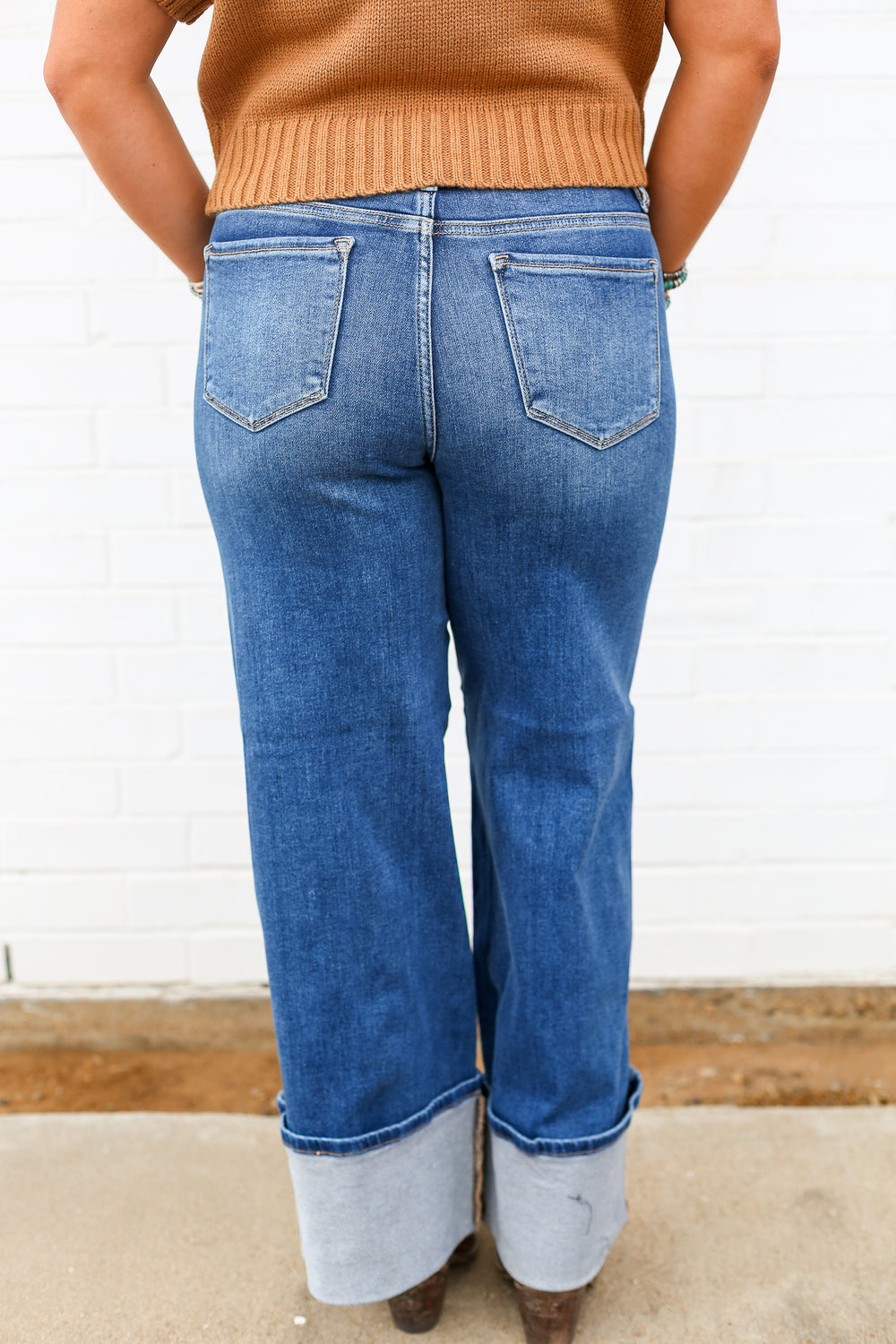 Mid Rise Medium Wash Cuffed Wide Leg Jeans