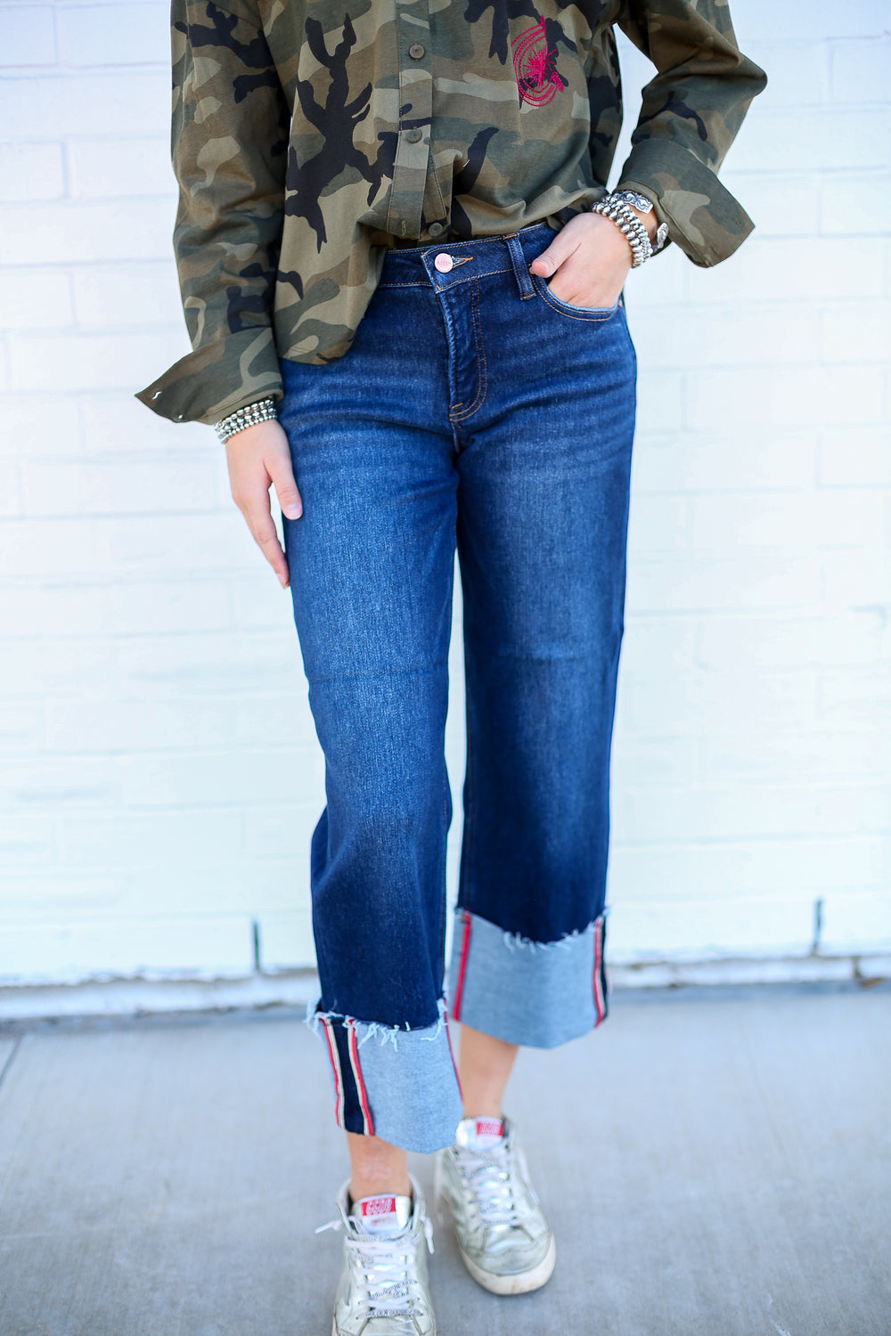 Mid Rise Deep Blue Wide Cuffed Jeans