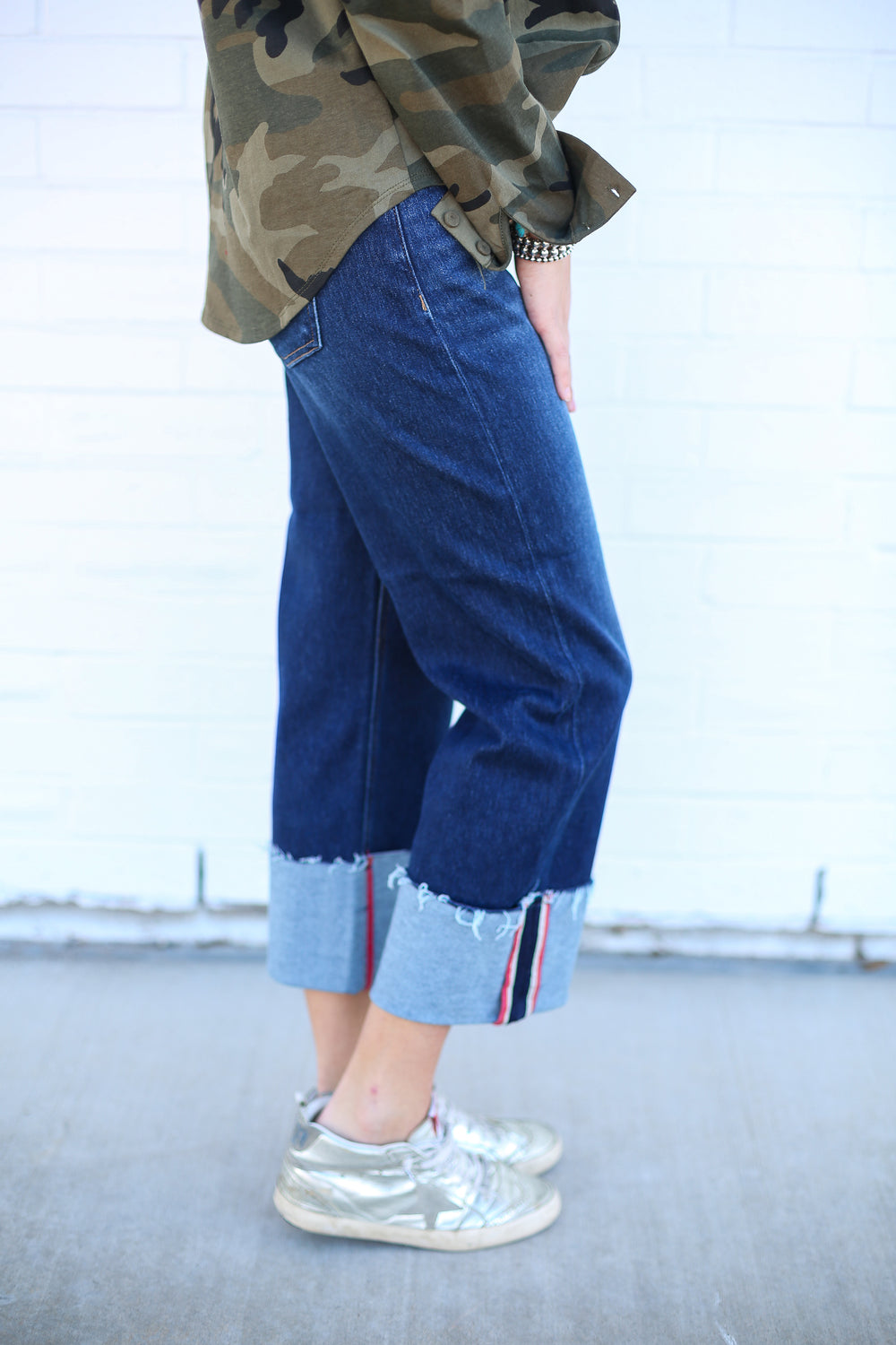 Mid Rise Deep Blue Wide Cuffed Jeans