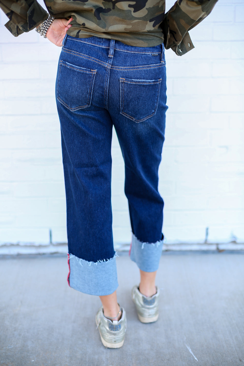 Mid Rise Deep Blue Wide Cuffed Jeans