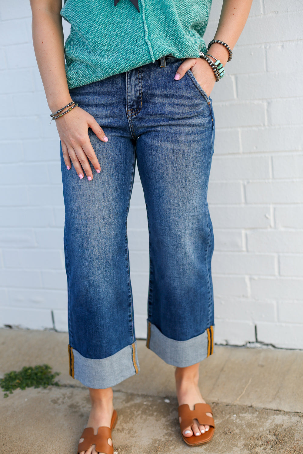Mid Rise Medium Wash Wide Cuffed Jeans