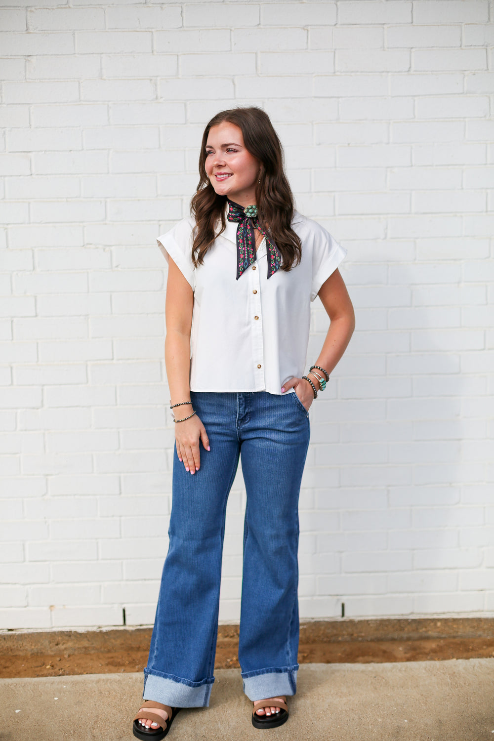 Mid Rise Pinstripe Wide Leg Cuffed Jeans