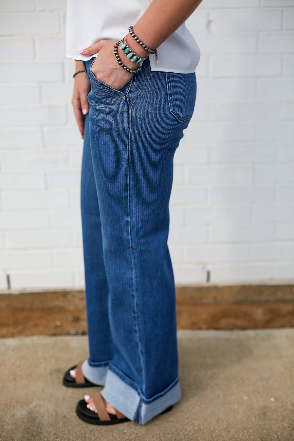 Mid Rise Pinstripe Wide Leg Cuffed Jeans