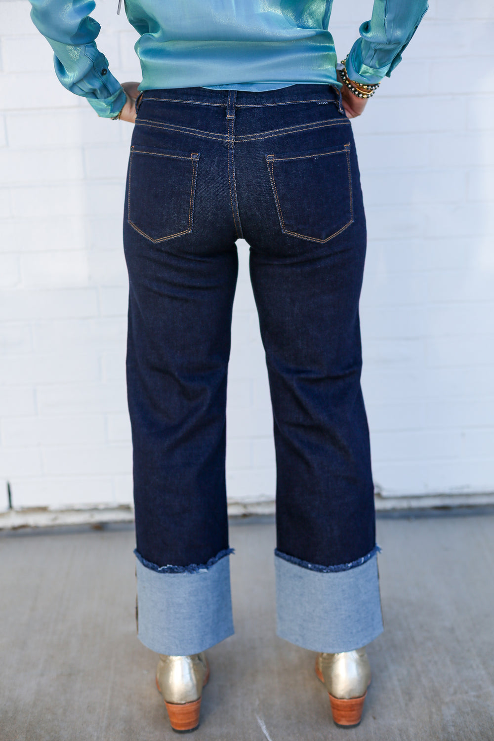 Mid Rise Solid Dark Wide Cuffed Jeans