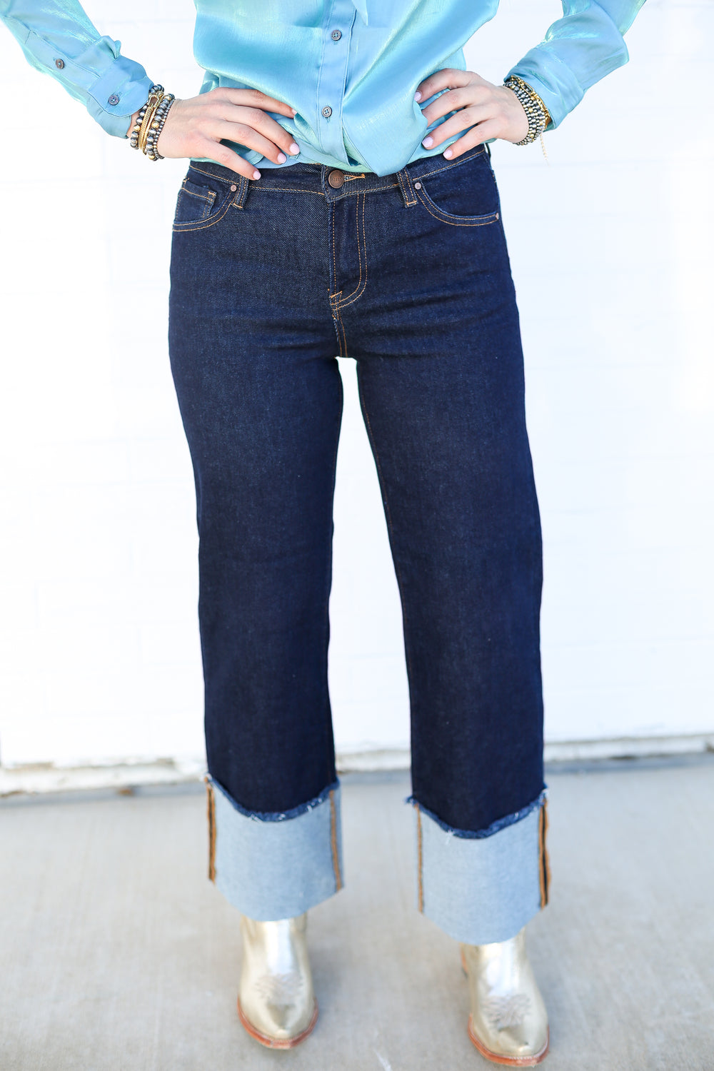 Mid Rise Solid Dark Wide Cuffed Jeans