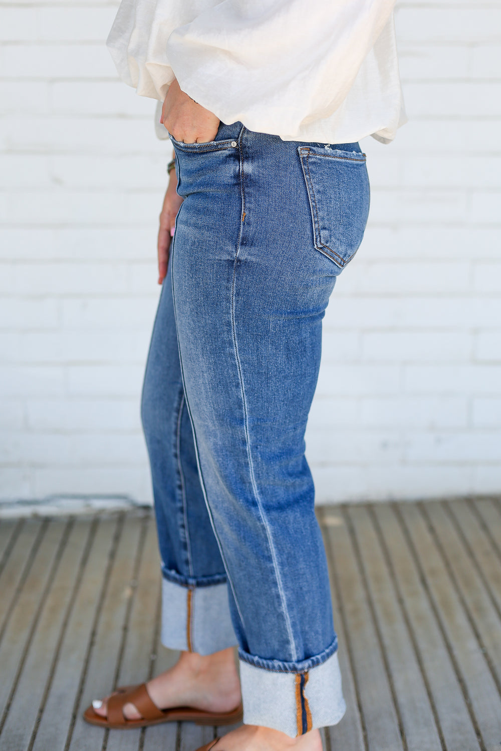 Mid Rise Straight Leg Wide Cuffed Jeans