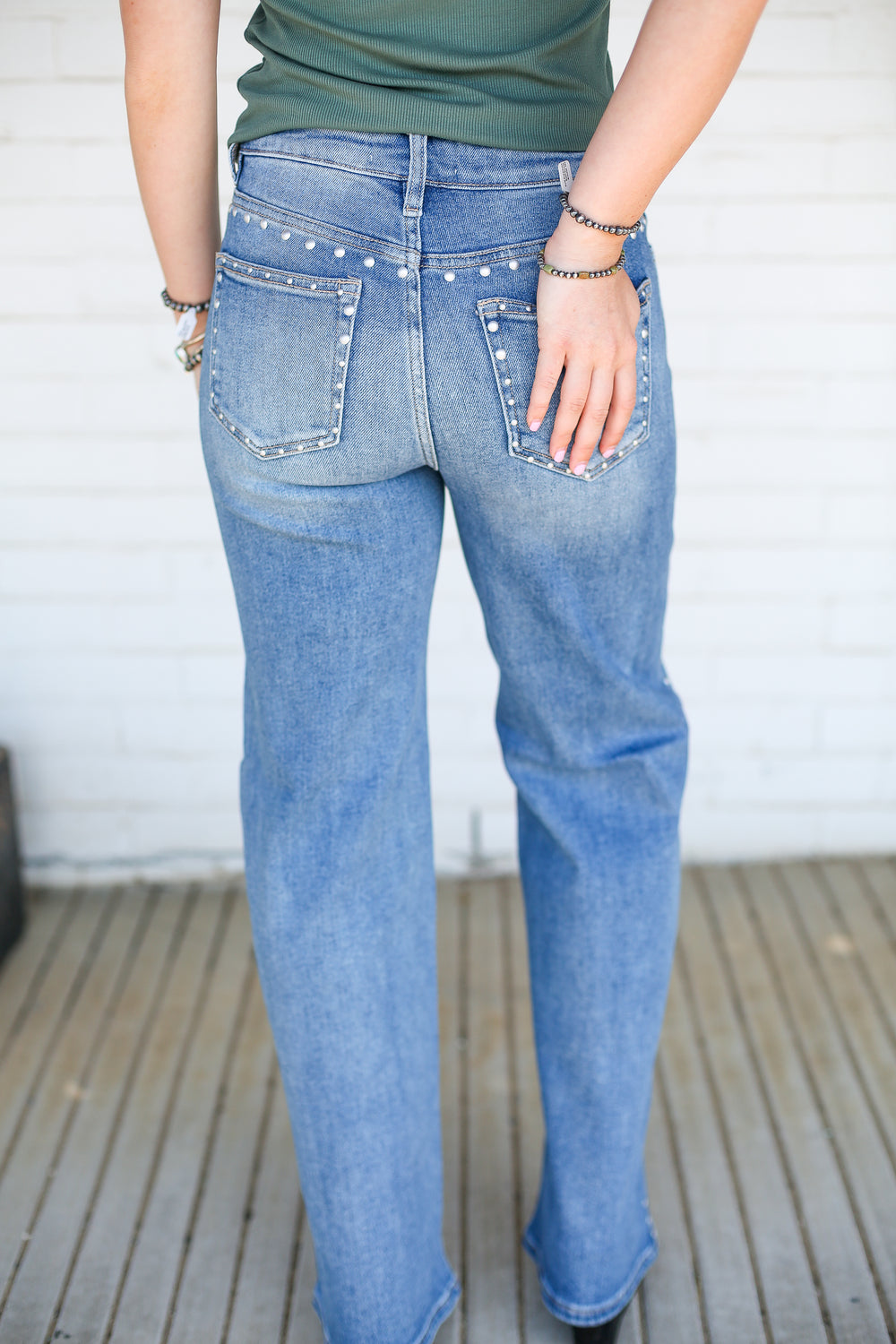 Mid Rise Studded Wide Leg Jeans