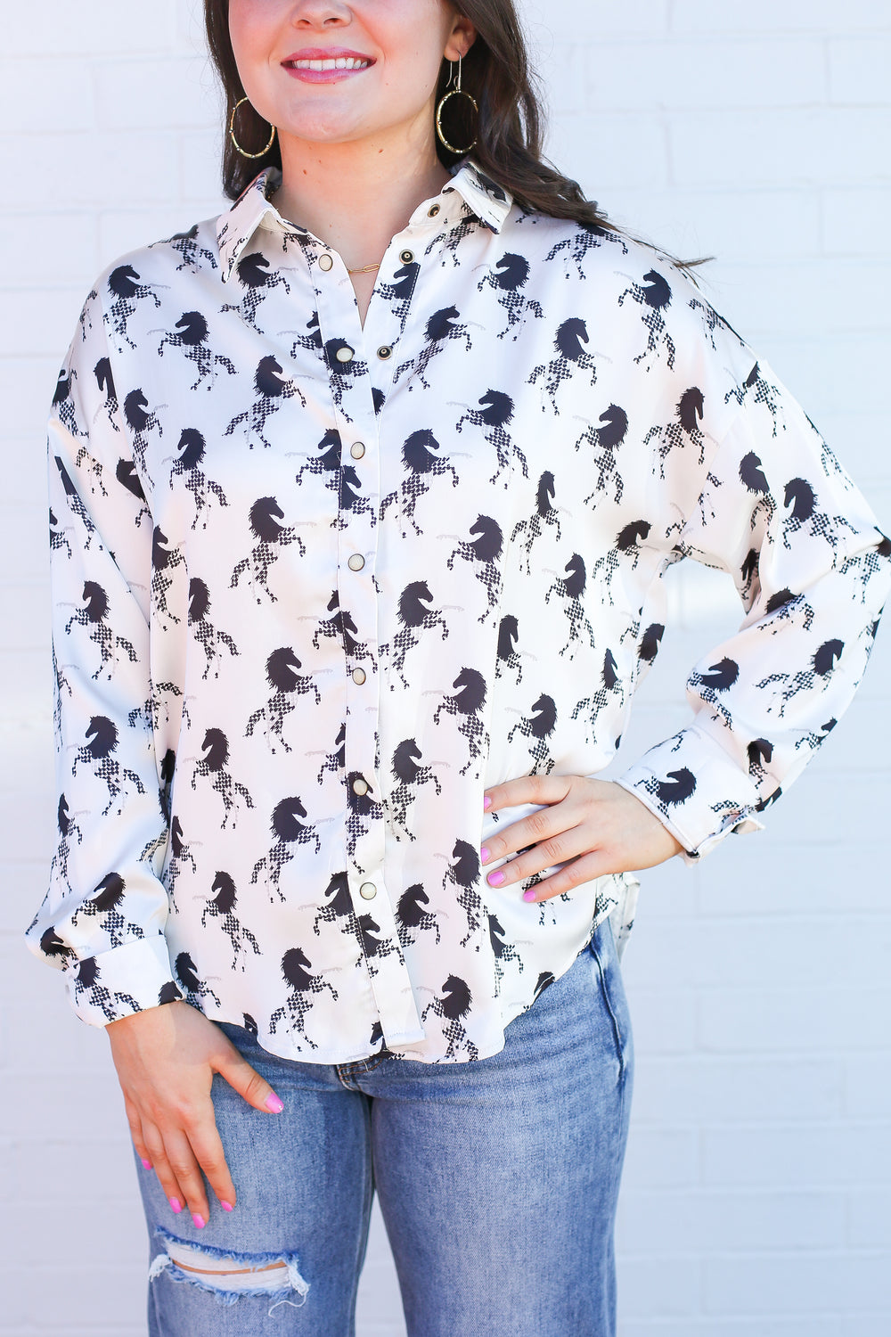 Midnight Mustang Pearl Snap Blouse