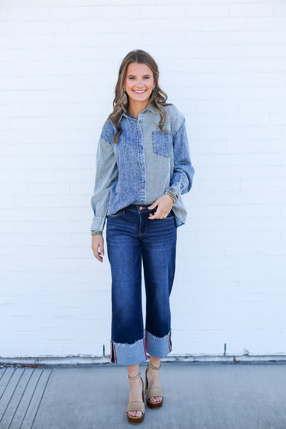 Mineral Wash Denim Colorblock Blouse