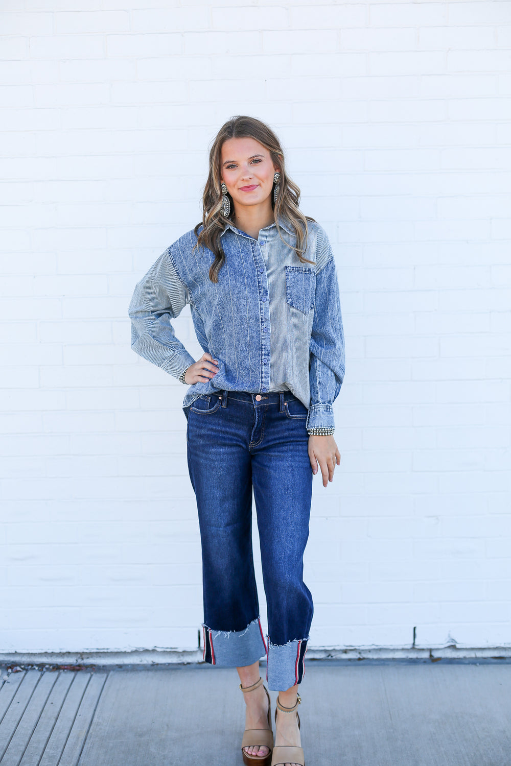 Mineral Wash Denim Colorblock Blouse