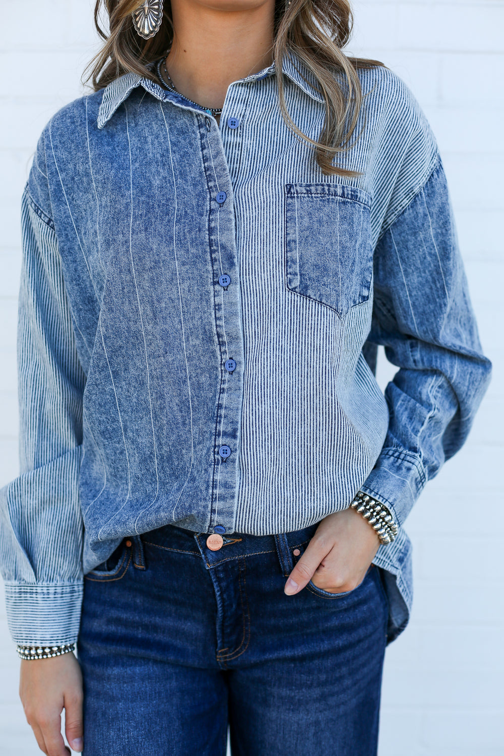 Mineral Wash Denim Colorblock Blouse
