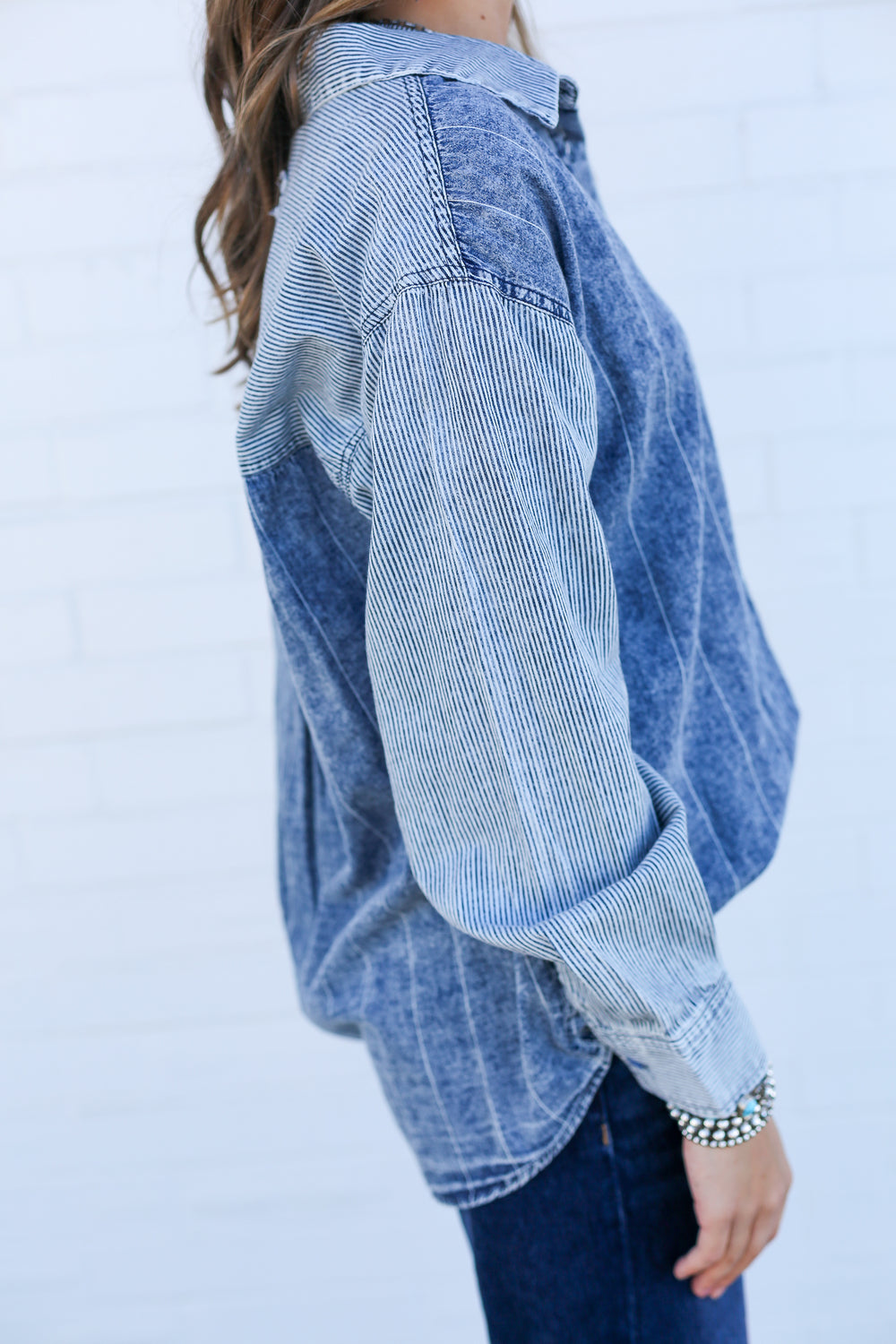 Mineral Wash Denim Colorblock Blouse