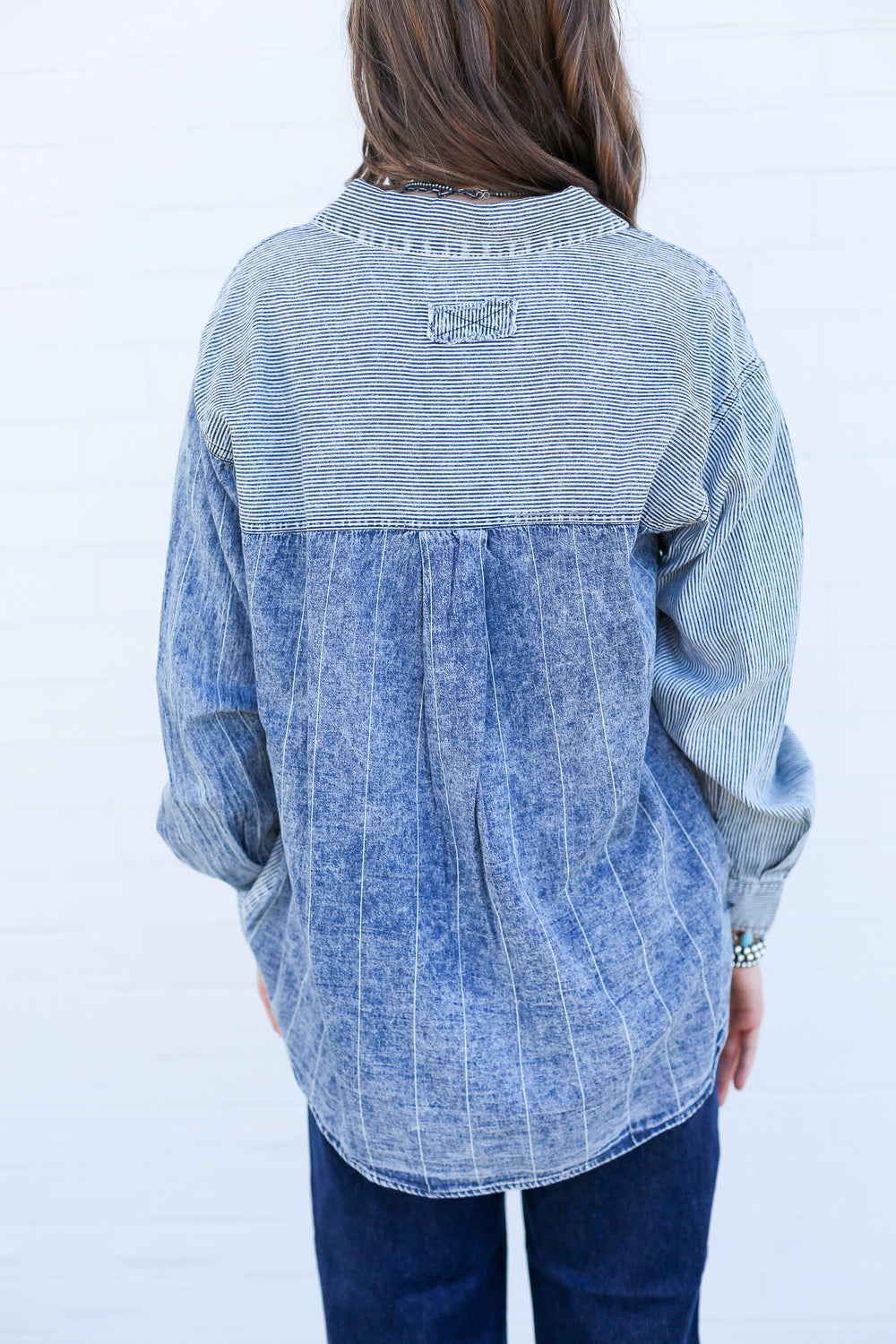 Mineral Wash Denim Colorblock Blouse