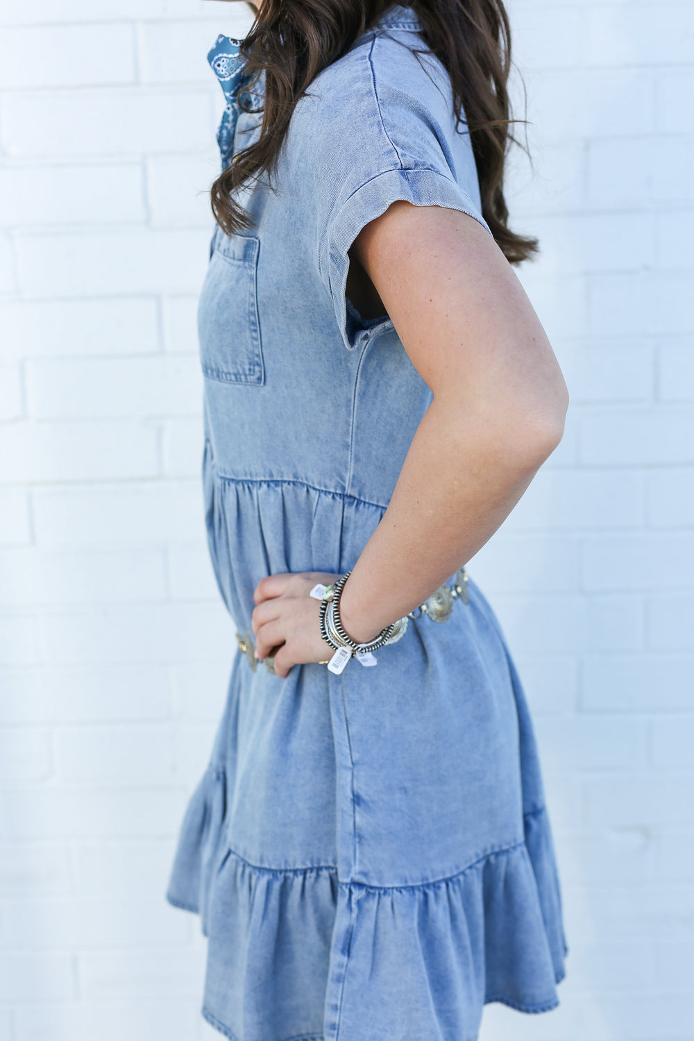 Mineral Washed Button Down Tiered Mini Dress