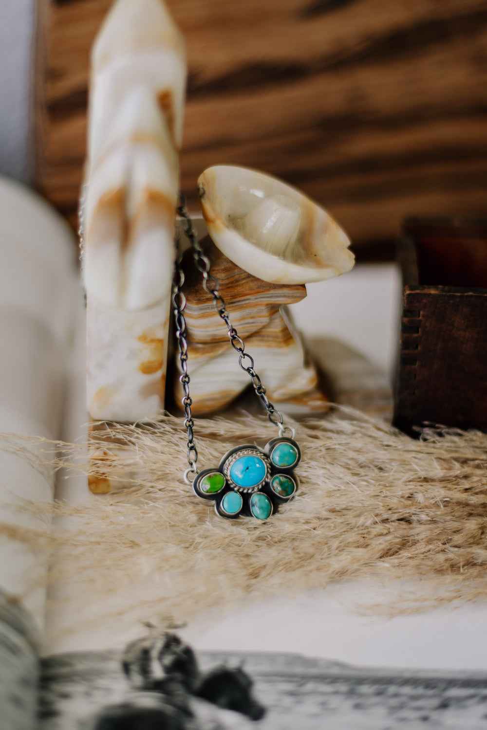 Multi Stone Turquoise Crescent Cluster Necklace