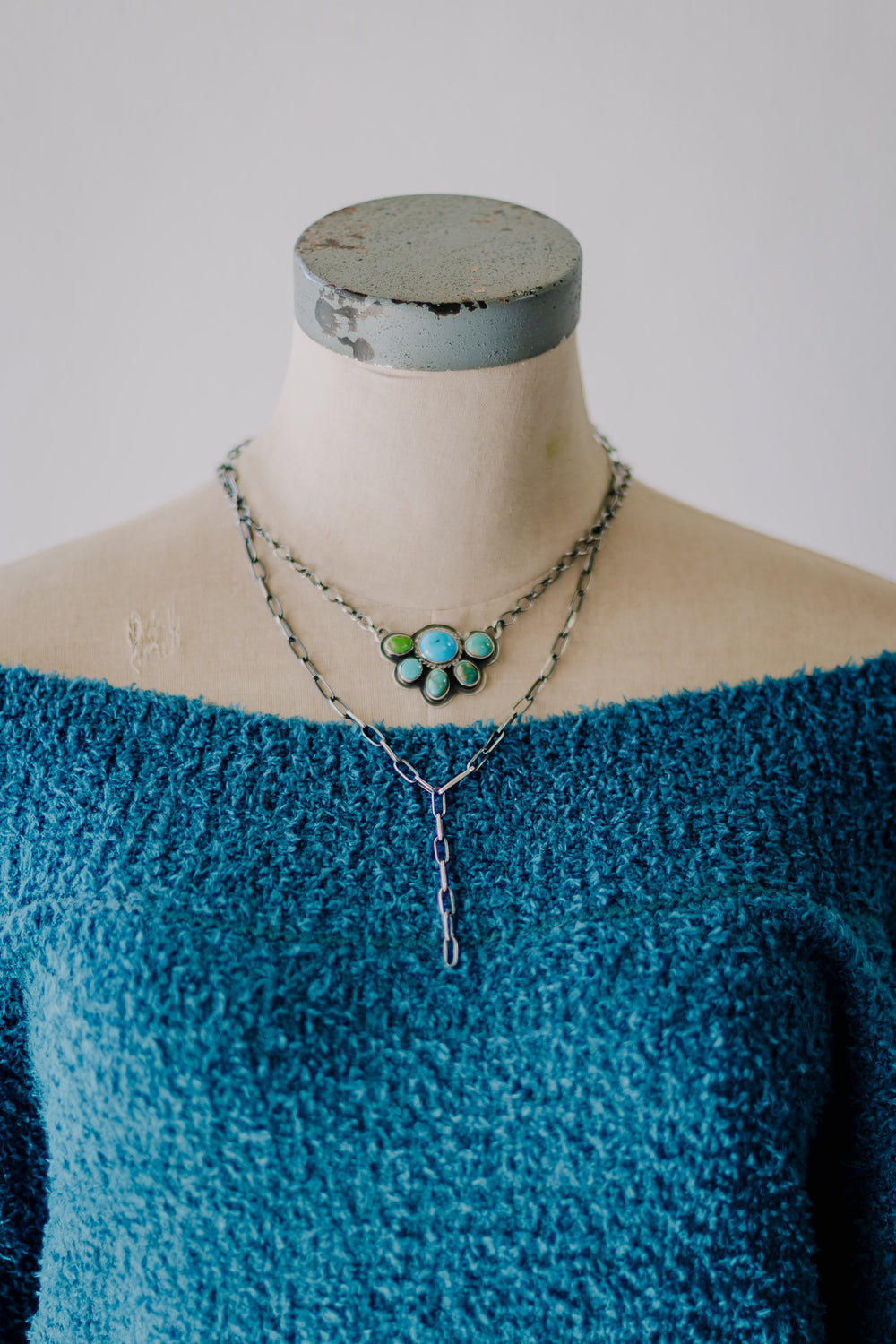 Multi Stone Turquoise Crescent Cluster Necklace