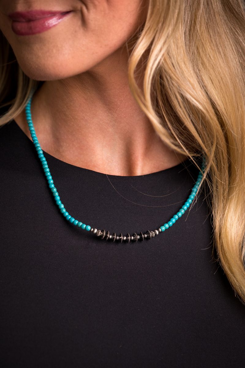 16" Dainty Green Turquoise Beaded Necklace with Silver Disc Accent