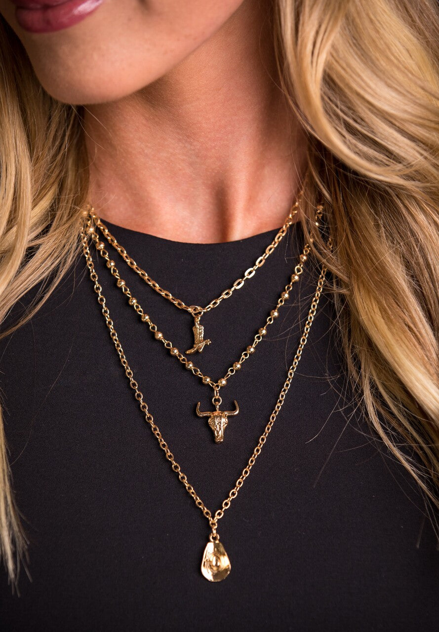 Gold Multi Layer Chain Necklace with Cowboy Boot, Skull and Cowboy Hat Charms