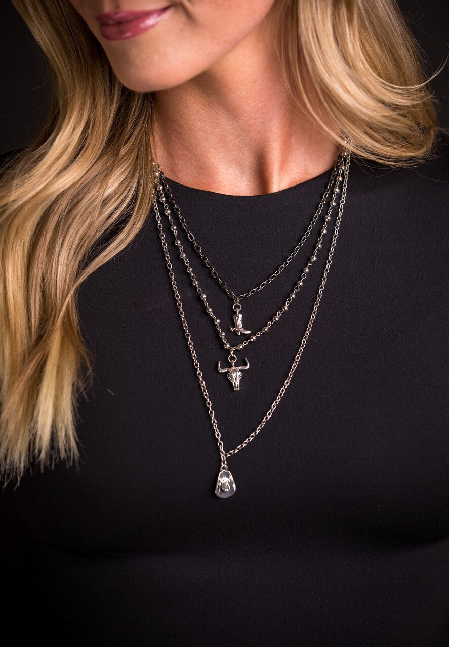 Silver and Pewter Multi Layer Chain Necklace with Cowboy Boot, Skull and Cowboy Hat Charms