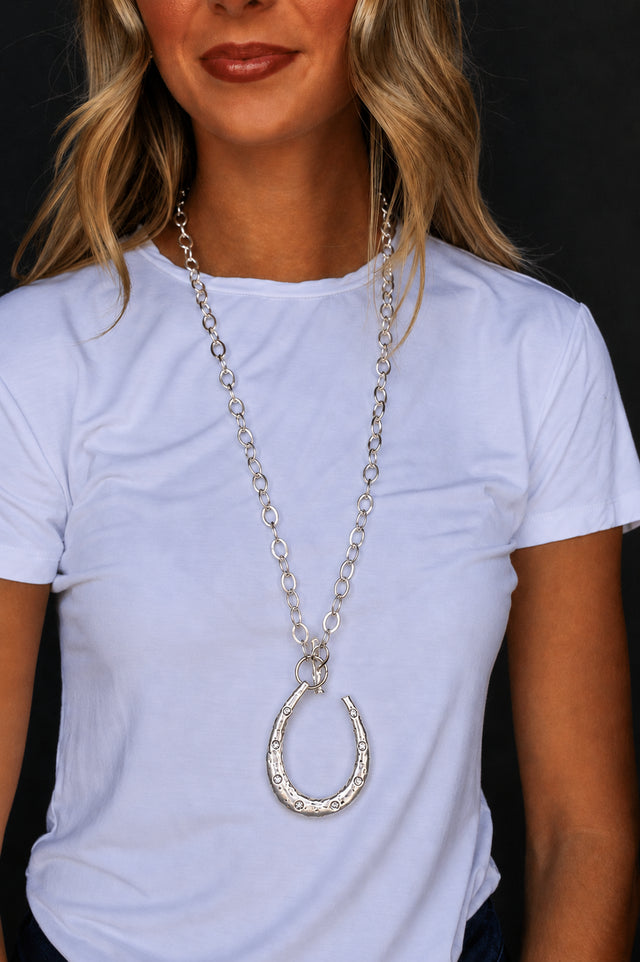 34"  Silver Chain Necklace with Toggle Closure and  Large Horseshoe Pendant