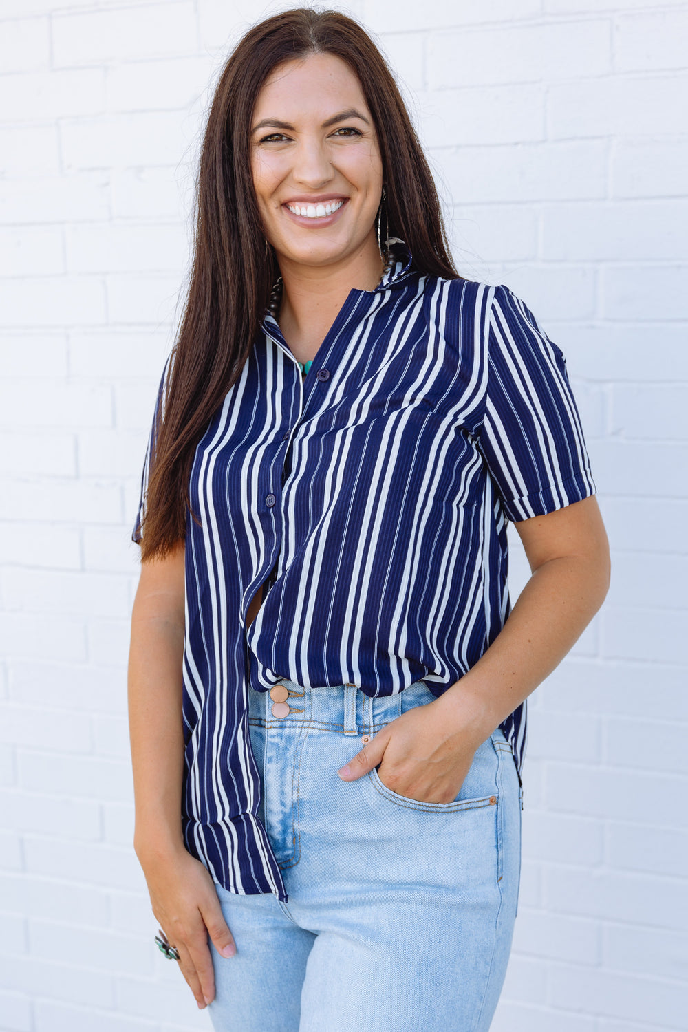 Navy Striped Button Down