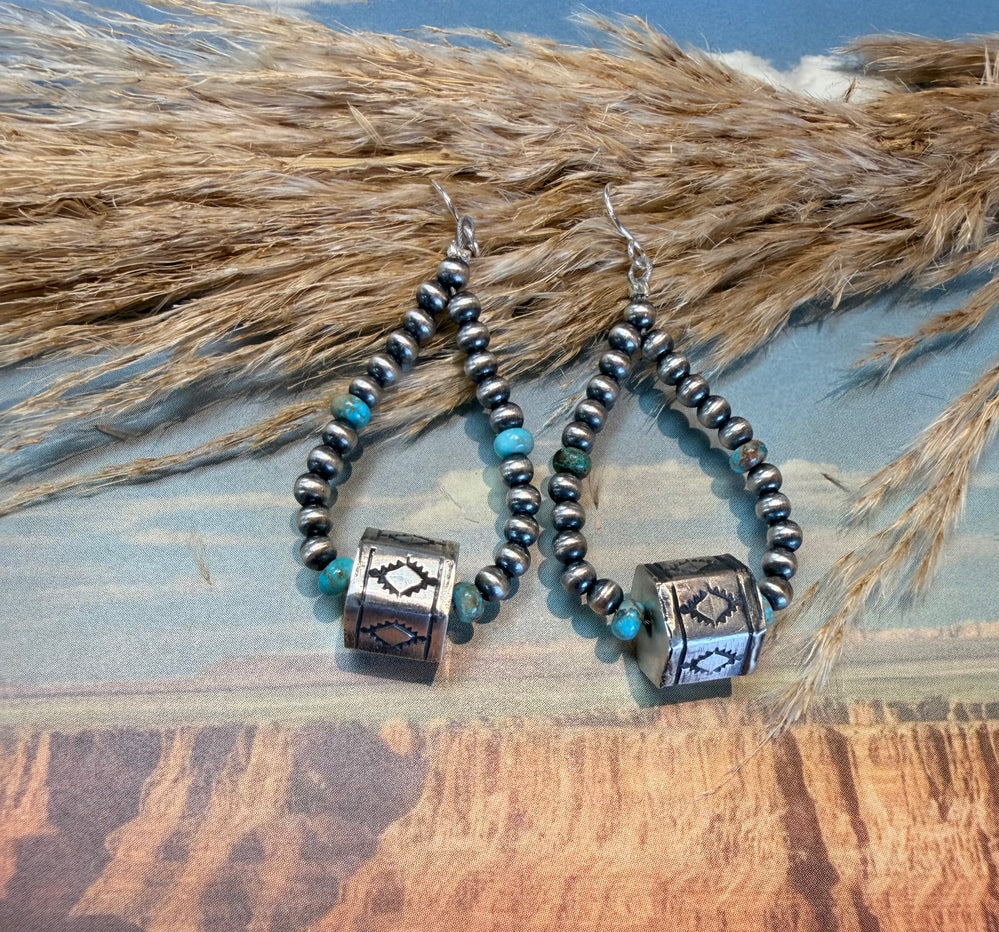 Navajo Pearl and Turquoise Barrel Hoop Earrings