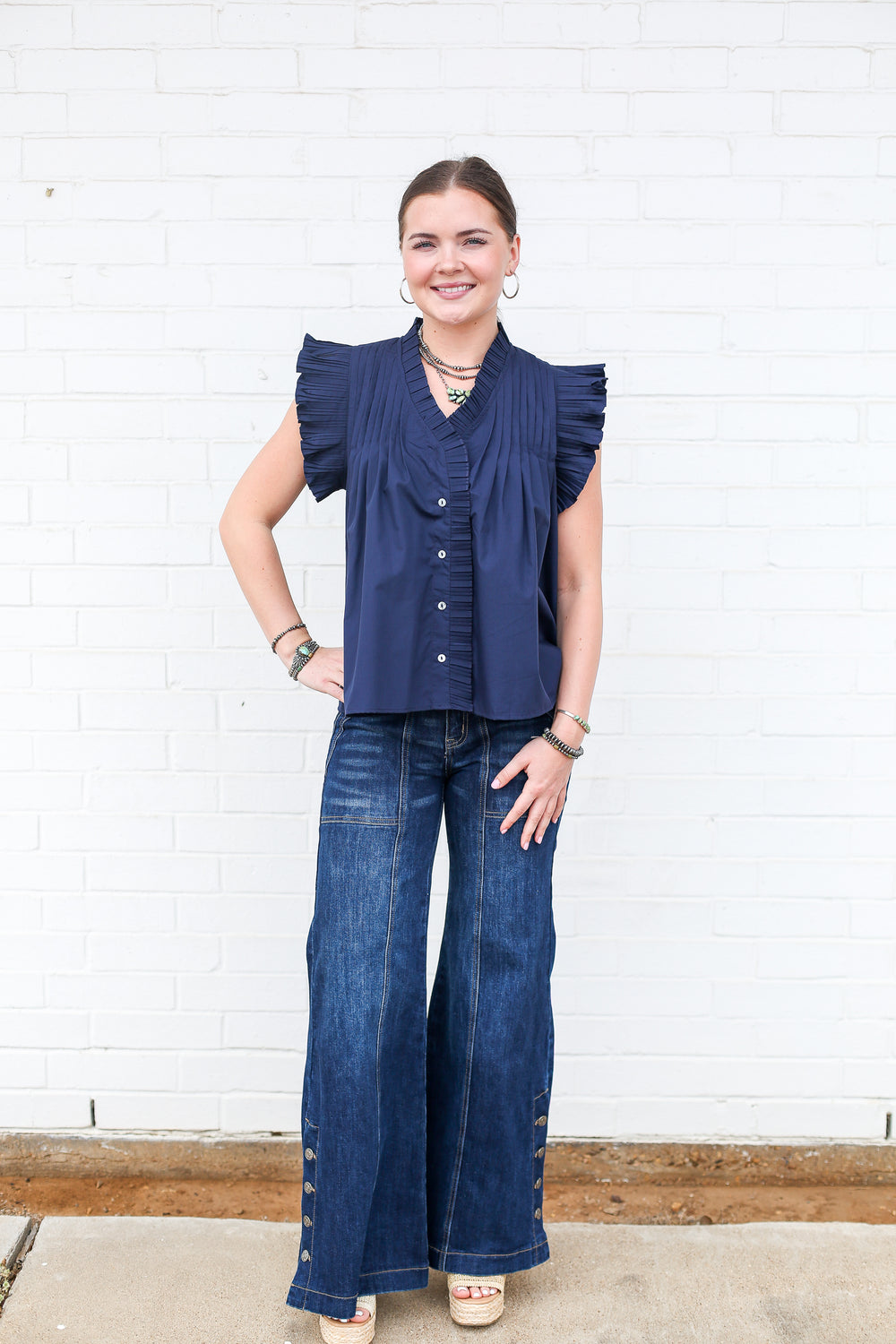 Navy Harper Ruffle Blouse