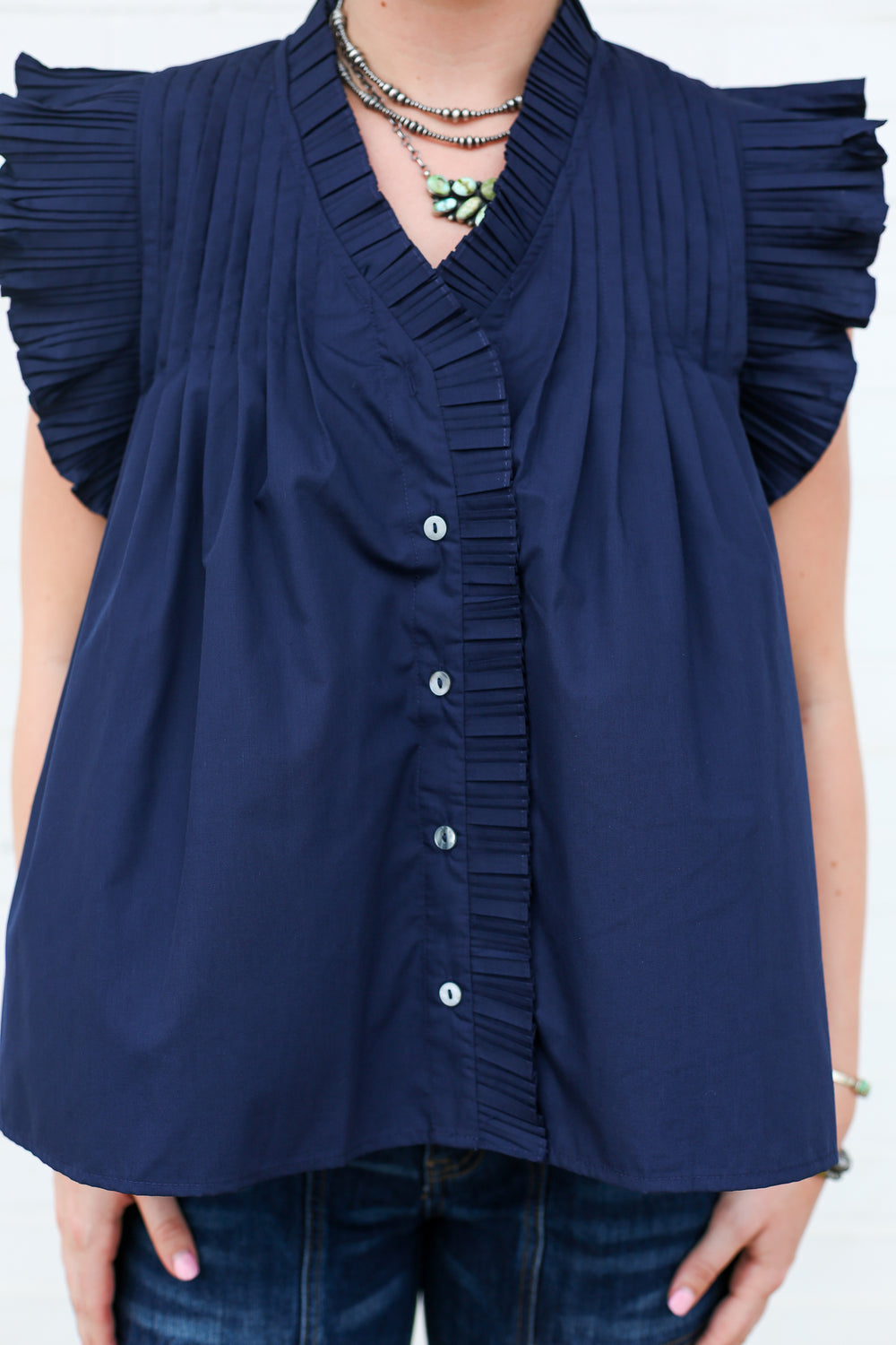 Navy Harper Ruffle Blouse