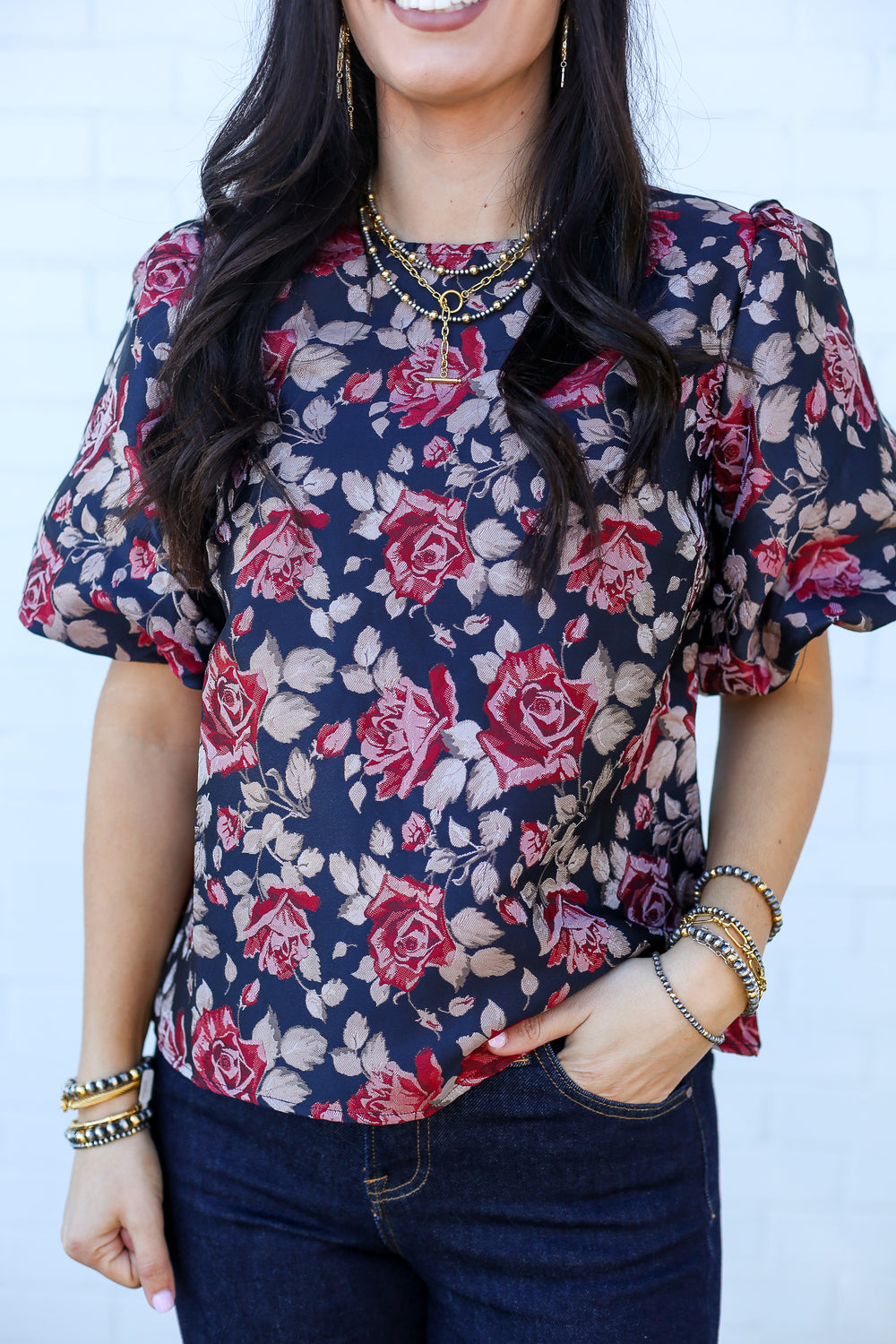 Navy Rosalie Puff Blouse