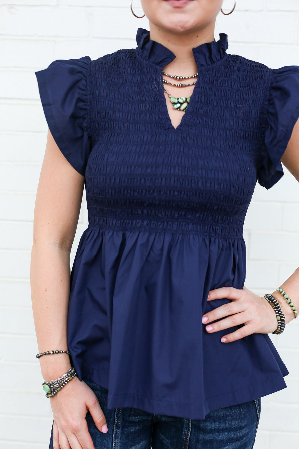 Navy Willow Flutter Sleeve Blouse