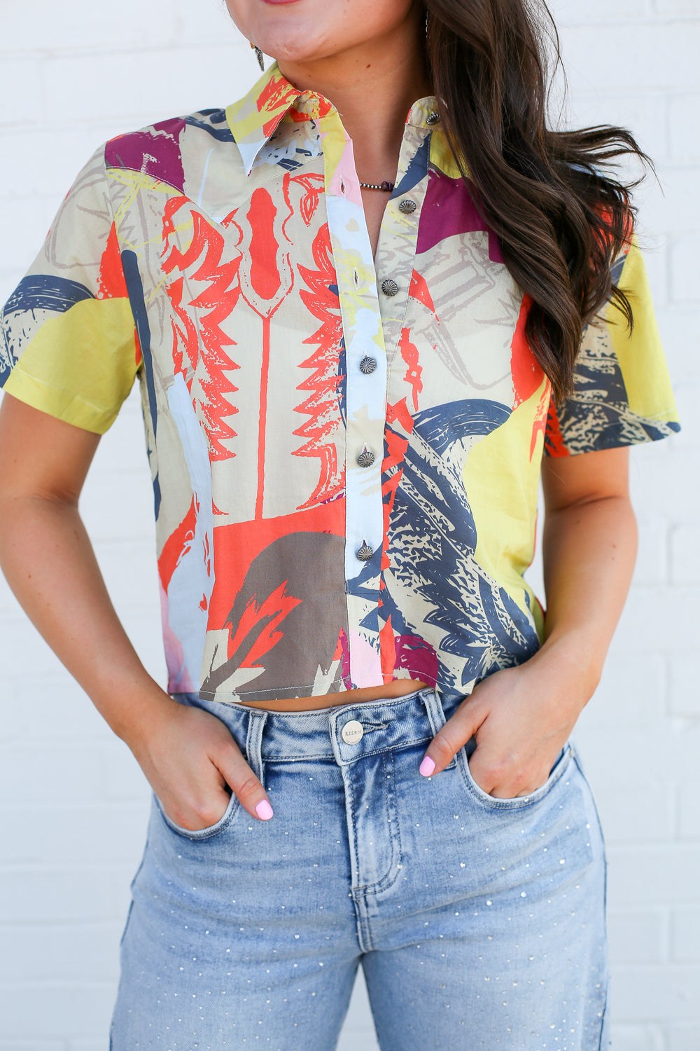 Neon Boot Scoot Cropped Button Down Shirt