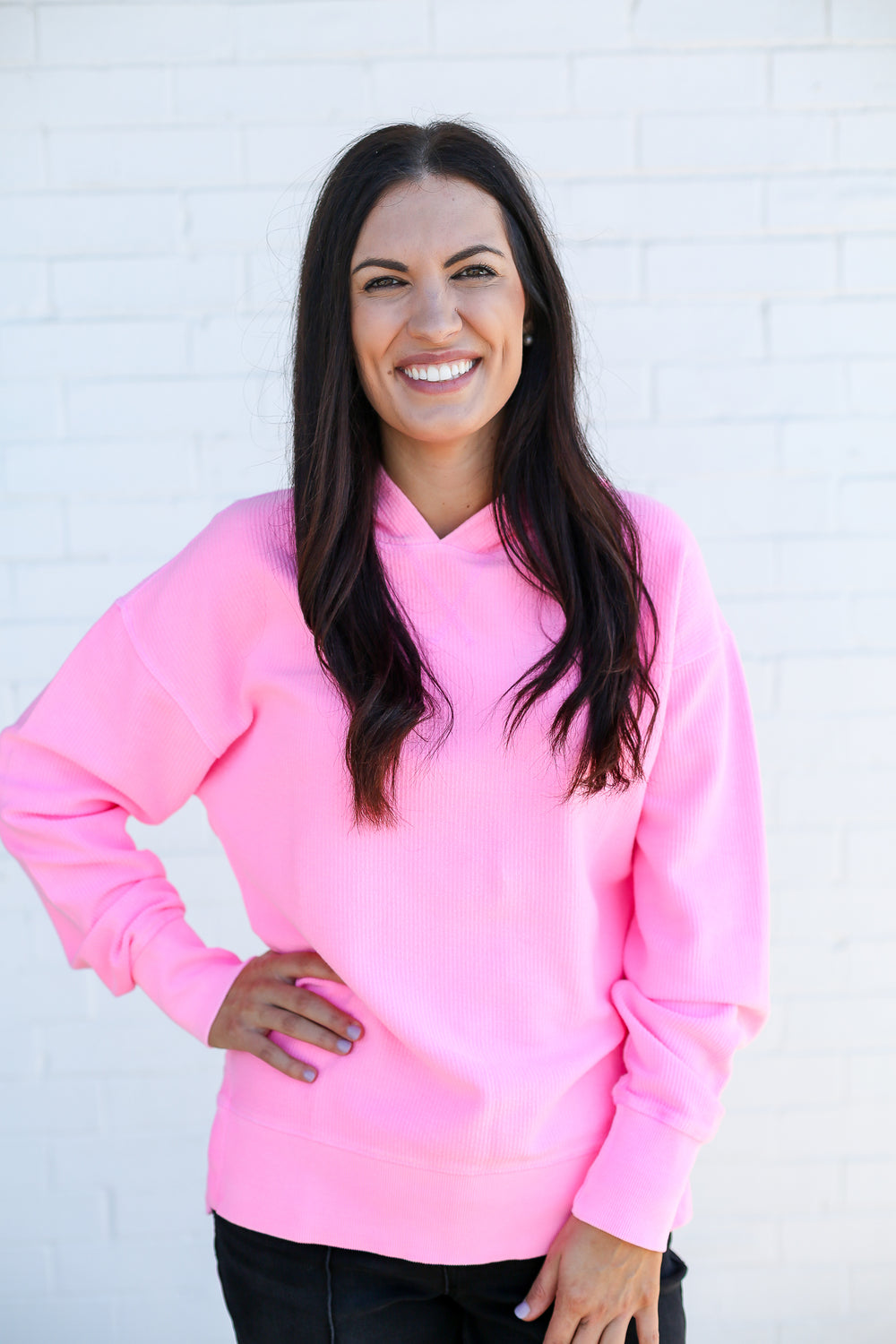 Neon Pink Corded Hoodie Sweater