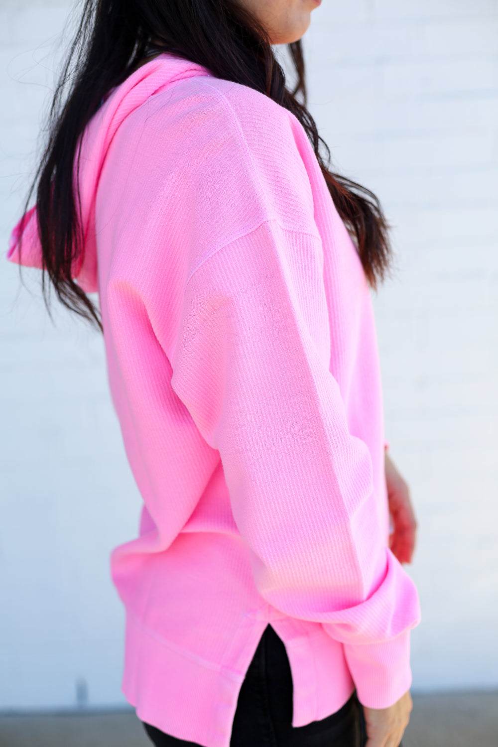 Neon Pink Corded Hoodie Sweater