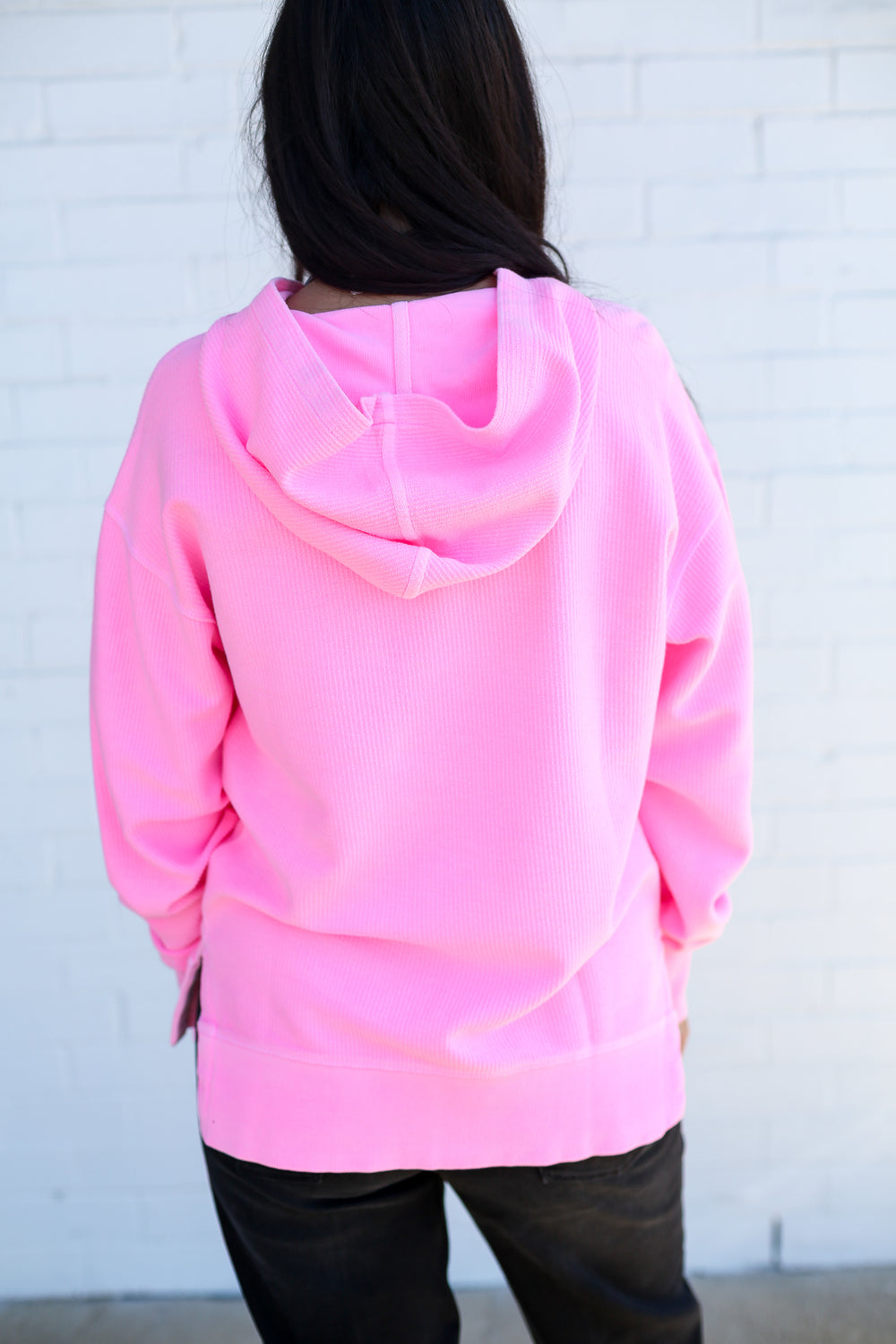Neon Pink Corded Hoodie Sweater