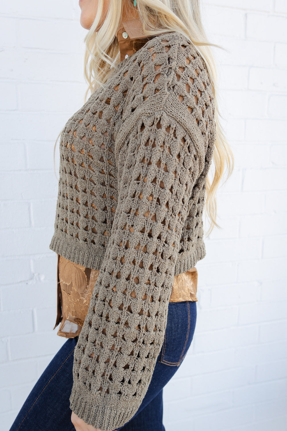 Olive Bell Sleeve Hole-Knit Sweater