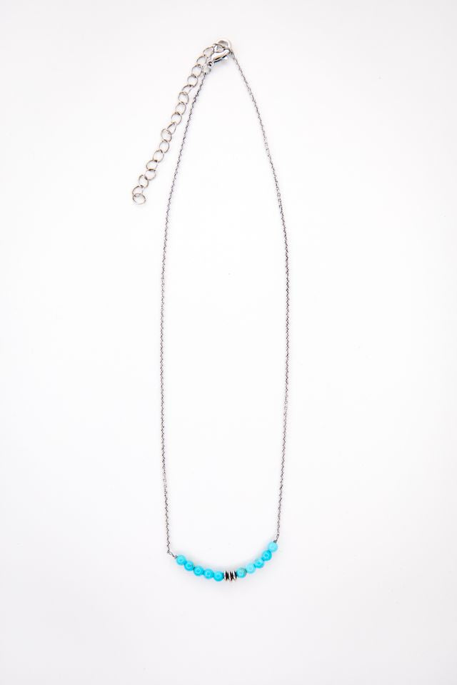 15" 18k White Gold Plated Dainty Chain Necklace With Turquoise And Disc Beaded Bar